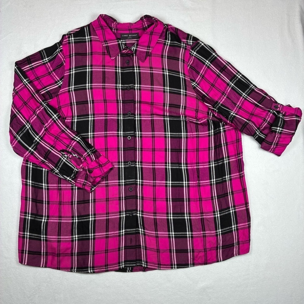 Lane Bryant Pink Black Plaid Button Up Blouse Top 22/24 Roll Tab Sleeves